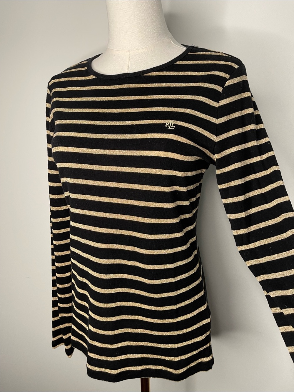 Ralph Lauren Black and Gold Stripes Cotton Long Sleeve Tee Trendy Holidays